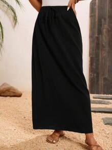 SHEIN LUNE Women's Linen Long Black Fashionable A-Line Skirt, Suitable For Summer - Green - View 5