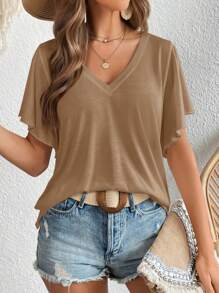 SHEIN LUNE 女式夏季純色V領荷葉邊短袖休閒T卹 - 杏色 - 查看 6