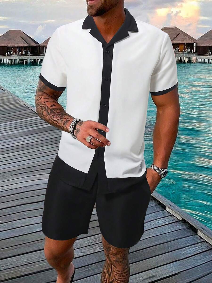 Manfinity Homme Men's Summer Holiday Vacation Color Block Short-Sleeved Shirt And Shorts Casual Set, Boyfriend Gift - Black and White - View 1