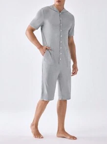 Men's Solid Color Hooded Short Sleeve Romper With Front Button & Pocket For Summer Home Wear - Light Grey - View 1
