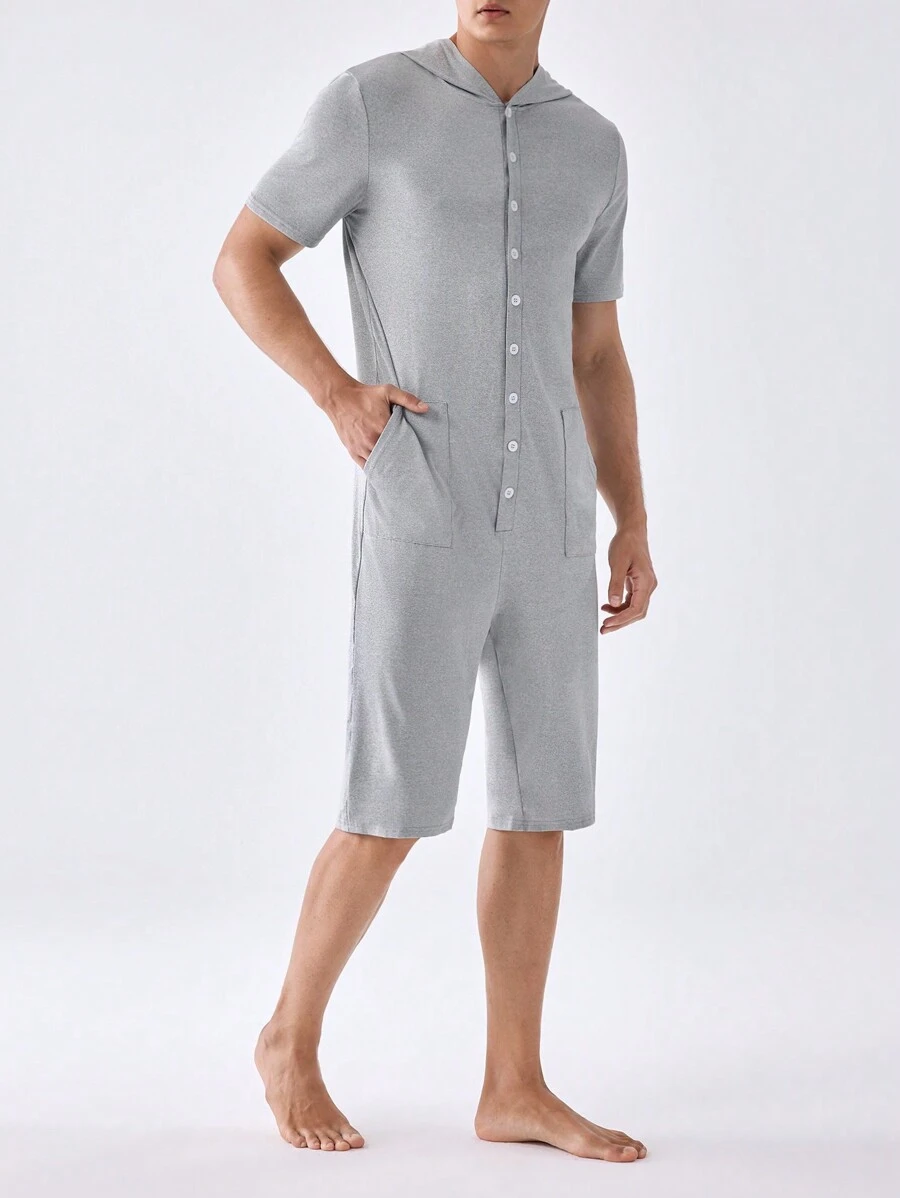 Men's Solid Color Hooded Short Sleeve Romper With Front Button & Pocket For Summer Home Wear - Light Grey - View 1
