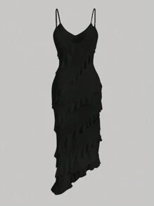 SHEIN PETITE Black Dress Party Dress For Women Date Evening Dress Solid Color Ruffle Asymmetric Hem Slip Dress
