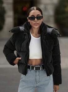 EURMUSE Zip Up Flap Pockets Padded Jacket With Hood - Black - View 1