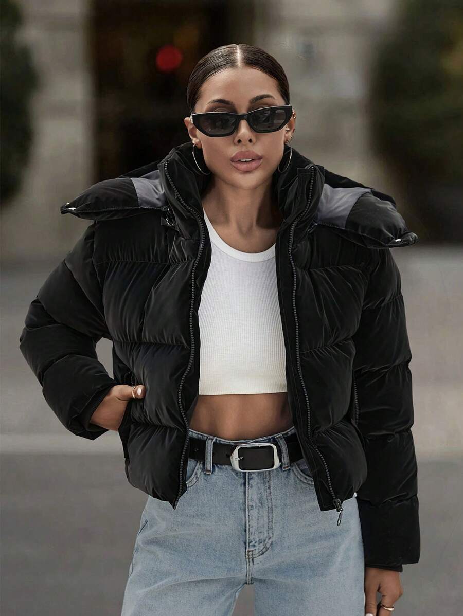 EURMUSE Zip Up Flap Pockets Padded Jacket With Hood - Black - View 1