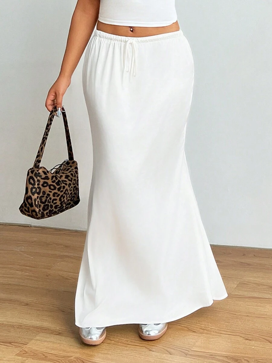 SHEIN EZwear Plus Size Solid Color Casual Knot Front Skirt, Summer - White - View 1