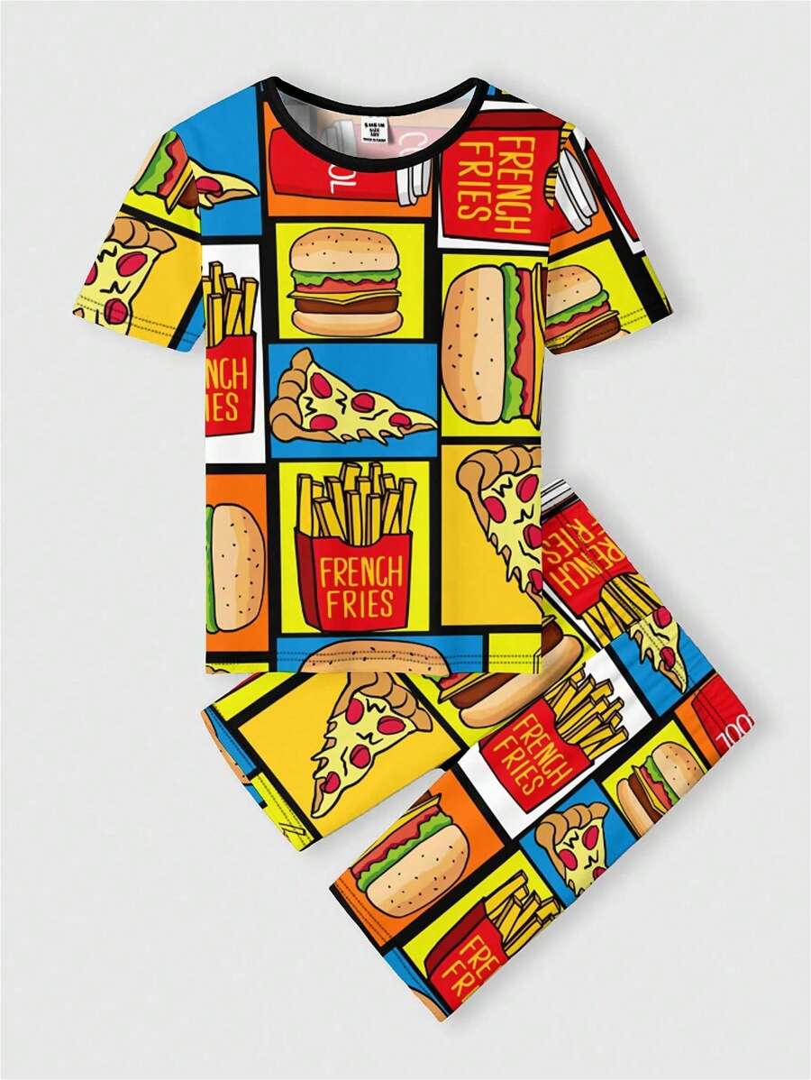Bộ 2 quần áo thun tay ngắn họa tiết hoạt hình và đồ ăn cho bé trai tuổi mới lớn, vừa vặn, mùa xuân/hè - Nhiều màu - Xem 1