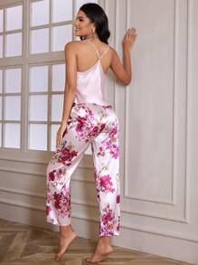 Floral Print Satin PJ Set / Pajama Set - Pink - View 2