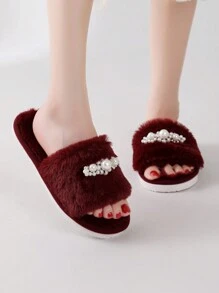 Fall/Winter Women's Plush Indoor Pearl Furry Slippers, Home Slippers For Ladies,Christmas,Fluffy Slippers - Burgundy - View 2