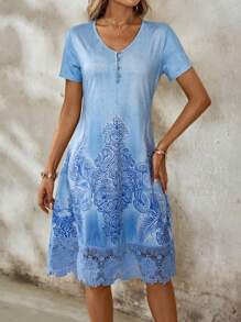 EMERY ROSE Women's Vintage Print & Contrast Lace Holiday Casual Dress Going Out Dress Blue Dress