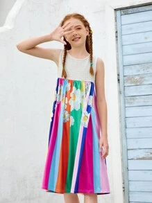 SHEIN Váy vest kiểu dáng thường ngày, in họa tiết hoa cầu vồng nhiều màu sắc, thích hợp cho bé gái tuổi teen, kiểu dáng đi nghỉ mát. - Nhiều màu - Xem 6