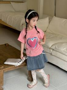 SHEIN 2-teiliges Set für Kleine Mädchen bestehend aus lässigem Herz-Muster Kurzarm T-Shirt und Denim Rock, Sommer Outfit - Verschiedenfarbig - Übersicht 6