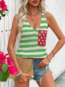 SHEIN LUNE Striped & Star Pattern Knit Top - Green - View 7