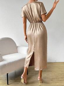 Chiquease Đầm Dự Tiệc Cổ Chữ V Xếp Ly Sáng Bóng, Mùa Hè - Vàng - Xem 2