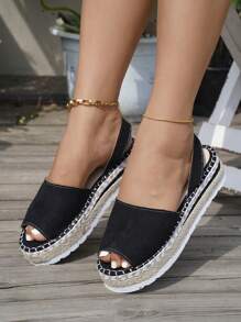 女士厚底坡跟凉鞋，夏季新款踝带露趾编织厚底凉鞋，大码，旅行必备 - 黑色 - 查看 3