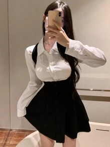 DAZY Women Solid Button Front Overall Dress Sundress,Casual Women Dresses - Black - View 3