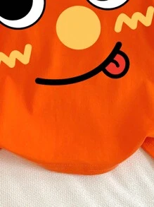 SHEIN 可爱卡通笑脸印花橙色短袖圆领 T 恤，女婴休闲简约夏装，背面为棉质 - 橘色 - 查看 5