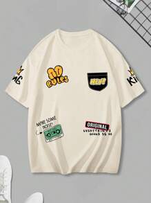 Manfinity Hypemode Maglietta a spalla bassa grafica e slogan di cartoni animati da uomo oversize