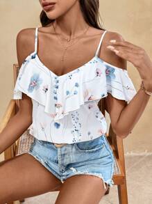 SHEIN Frenchy Women's Floral Print Holiday Ruffle Blouse With Ruffle Trim