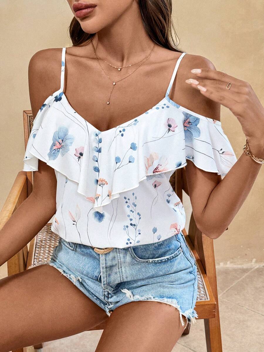 SHEIN Frenchy Women's Floral Print Holiday Ruffle Blouse With Ruffle Trim