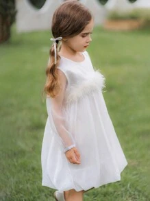 SHEIN Glamorique Kids Girls' Feather Long Sleeve Tulle Flower Dress - White - View 5