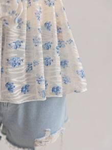 Soleia Multi-Color Textured Blue Floral Pleated Cap Sleeve Butterfly Tie Waist A-Line Plus Size Shirt, Romantic Casual Vacation Curve Blouse - Multicolor - View 4