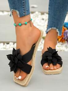 女性春夏季款時尚經典優雅簡約花卉印花塑料防滑沙灘涼鞋 - 黑色 - 查看 5