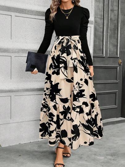 Calvaya Floral Print Puff Sleeve Belted Dress Maxi Women Outfit