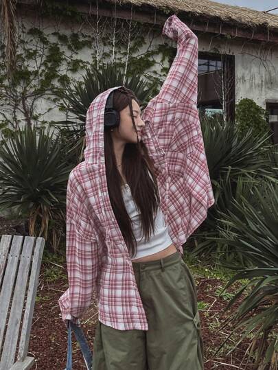 DAZY Women's Plaid Casual Hooded Shirt,Fall Clothes,Flannels Women Long Sleeve Top