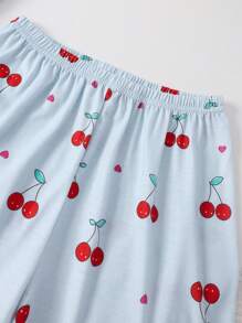 طقم بيجاما فتيات 2 قطعة، قميص كم قصير بطبعة الكرز مع شورت، ملابس منزلية كاجوال - متعدد الألوان - مشاهدة 7