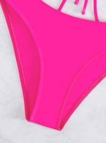 SHEIN Swim Set bikini incrociato a tracolla e halter in tinta unita per la spiaggia estiva delle donne - Fucsia - Visualizzare 5