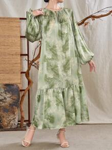 Mulvari Tie Dye Tie Neck Lantern Sleeve Ruffle Hem Dress For Spring & Summer Maxi Women Outfit Fall Cloth For Women - Green - View 8