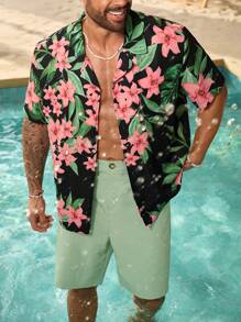 ResortEase Camisa de manga corta con estampado aleatorio para hombre de talla grande