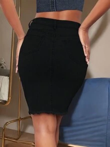 Women's Casual Plain Color Fringe Slim Denim Mini Skirt, Summer - 黑色 - 查看 2
