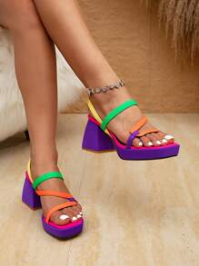 撞色新款时尚高跟凉鞋，时尚绑带粗跟方头女士夏季休闲鞋 - 彩色 - 查看 4