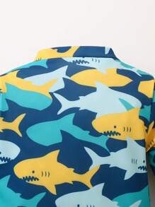 Baby Boy Summer Long Sleeve One-Piece Swimsuit With Sun Protection Hat,2pcs/Set,Cute Navy Blue Shark Print,Suitable For Vacation,Holiday,Beach Wear - Multicolor - View 5