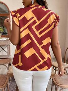 SHEIN Clasi Plus Size Notched V-Neck Printed Single-Breasted Ruffle Hem Summer Shirt - Multicolor - View 2