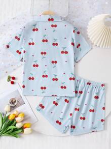 طقم بيجاما فتيات 2 قطعة، قميص كم قصير بطبعة الكرز مع شورت، ملابس منزلية كاجوال - متعدد الألوان - مشاهدة 2