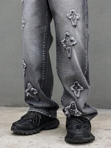 Quần Cargo phong cách Grunge Goth Y2K dành cho nam có miếng vá hình ngôi sao năm cánh, túi ống đứng, quần jeans dáng rộng thoải mái dạo phố - Xám - Xem 7