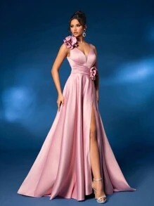 Glamrae Elegant And Gorgeous Pink Textured Satin Gathered V-Neck 3D Floral Decoration Design High Slit Oversized A-Line Dress Dress Suitable For Wedding Events Bachelor Party Graduation Quarter Holiday Prom Formal Occasion Evening Dress Wedding Guest Gown, For Dinner