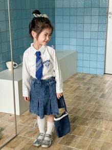 SHEIN Girls Young Girl Casual Striped+Tie Decor Printed Shirt, Suitable For Spring/Summer, Everyday Wear - Royal Blue - View 6