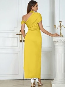 Retro Sexy Simple Off-The-Shoulder Slim Dress Woman - Yellow - View 2