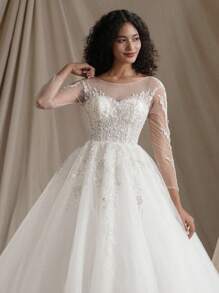 Ball Gown Wedding Dress Elegant Long Sleeve Bridal Dress,Bride - Beige - View 8