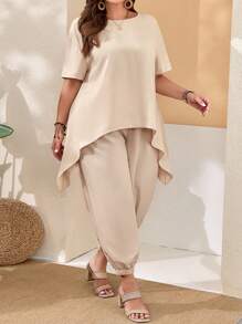 SHEIN CURVE+ Plus Size Women'S Short Sleeve Asymmetrical Hem Top And Bloomers Boho Khaki Two-Piece For Spring