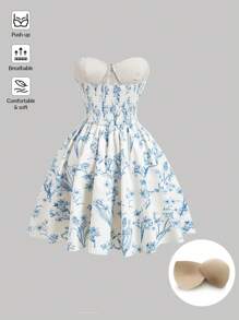 SHEIN MOD 藍色印花杯加胸垫及對比色邊緣的無肩帶迷你連身裙 - 藍白色 - 查看 2
