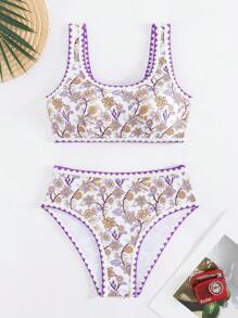 Swim Vcay Set Bikini Kasual Wanita Motif Bunga untuk Pantai Musim Panas, Baju Renang Dua Potong - MultiWarna - View 7