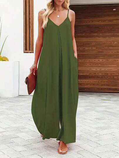 EMERY ROSE Women's Summer Solid Color Wide-Leg Loose Casual Jumpsuit With Pockets