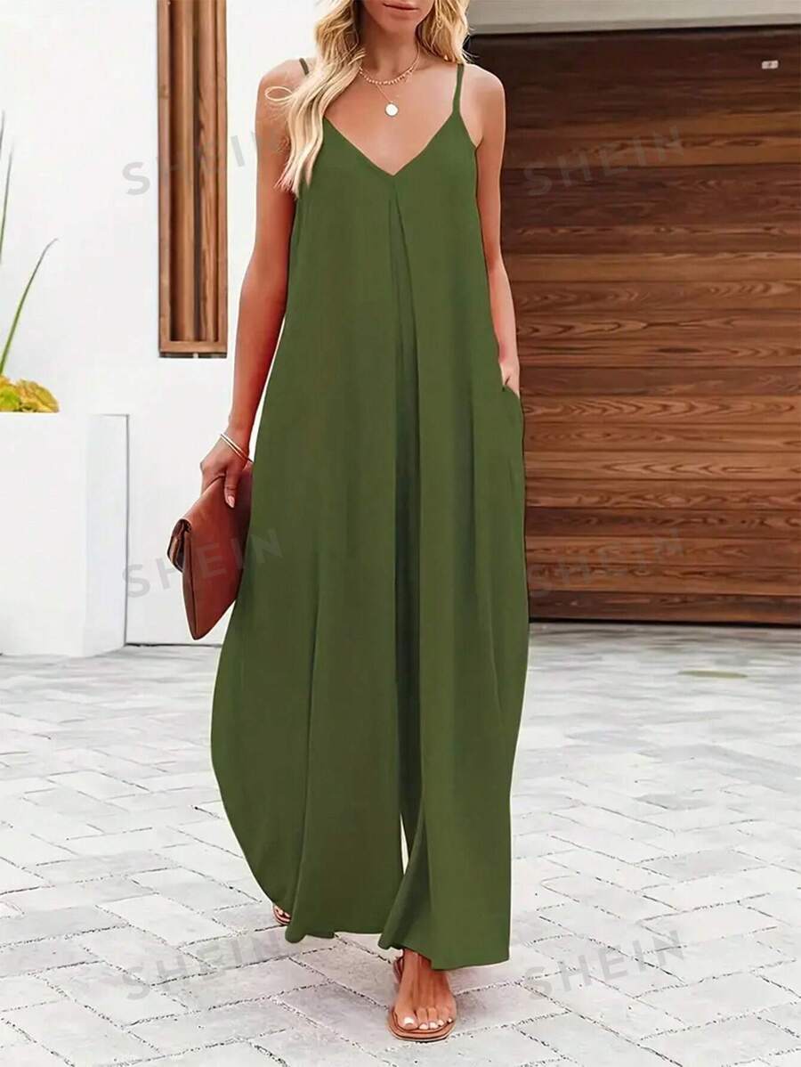 EMERY ROSE Mono casual de verano para mujer, holgado y de pierna ancha, de un solo color, con bolsillos