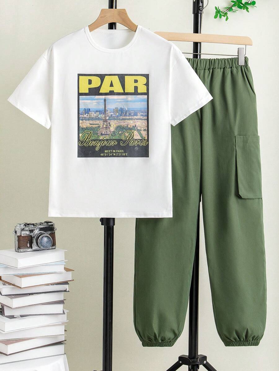 青少年男孩夏季裝2件套裝，白色休閒短袖T卹和工作短褲