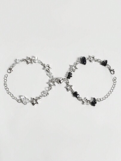 Grunge Punk 2pcs Punk Style Black And White Crystal Star Bracelet Set, Silver Jewelry Suitable For Daily Wear, Valentine's Day Gift, Friendship Matching Bracelet,Mom,Mother,Mother's Day,Gift