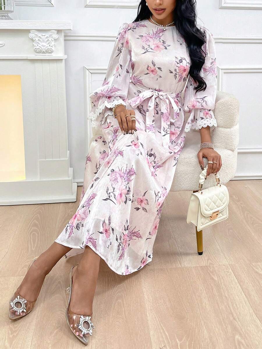 Modelyn Women's Round Neck Floral Printed Lantern Sleeve Belted Arabic Style Dress Long Evening Dresses - Multicolor - View 1